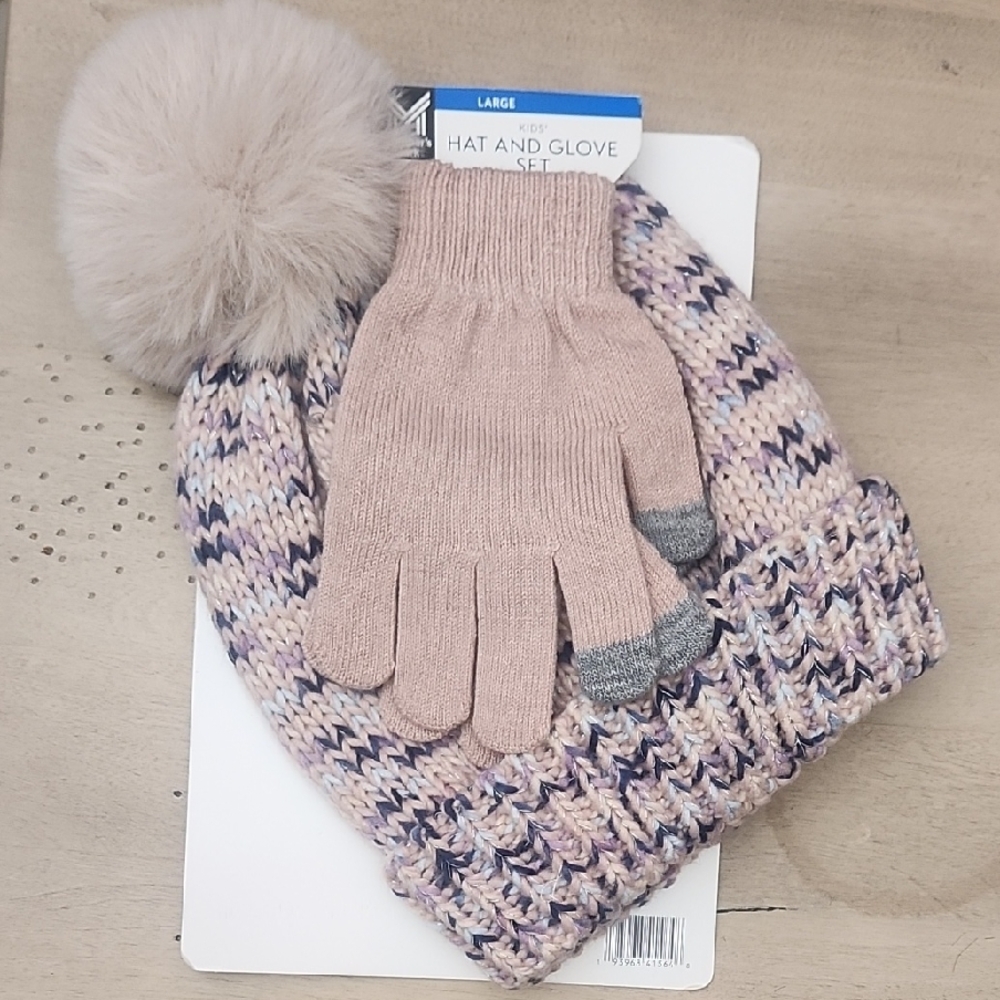 Cozy Knit Pom-Pom Hat and Glove Set - Pink and Gray